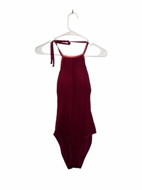 Burgundy/Maroon Red One Piece Halter Scalloped Trim Swimsuit Open Back String